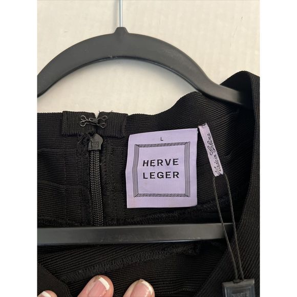 HERVE LEGER Black BANDAGE Zip-Up STRETCH RIB KNIT Bodycon MINI DRESS Sz L - Picture 11 of 12